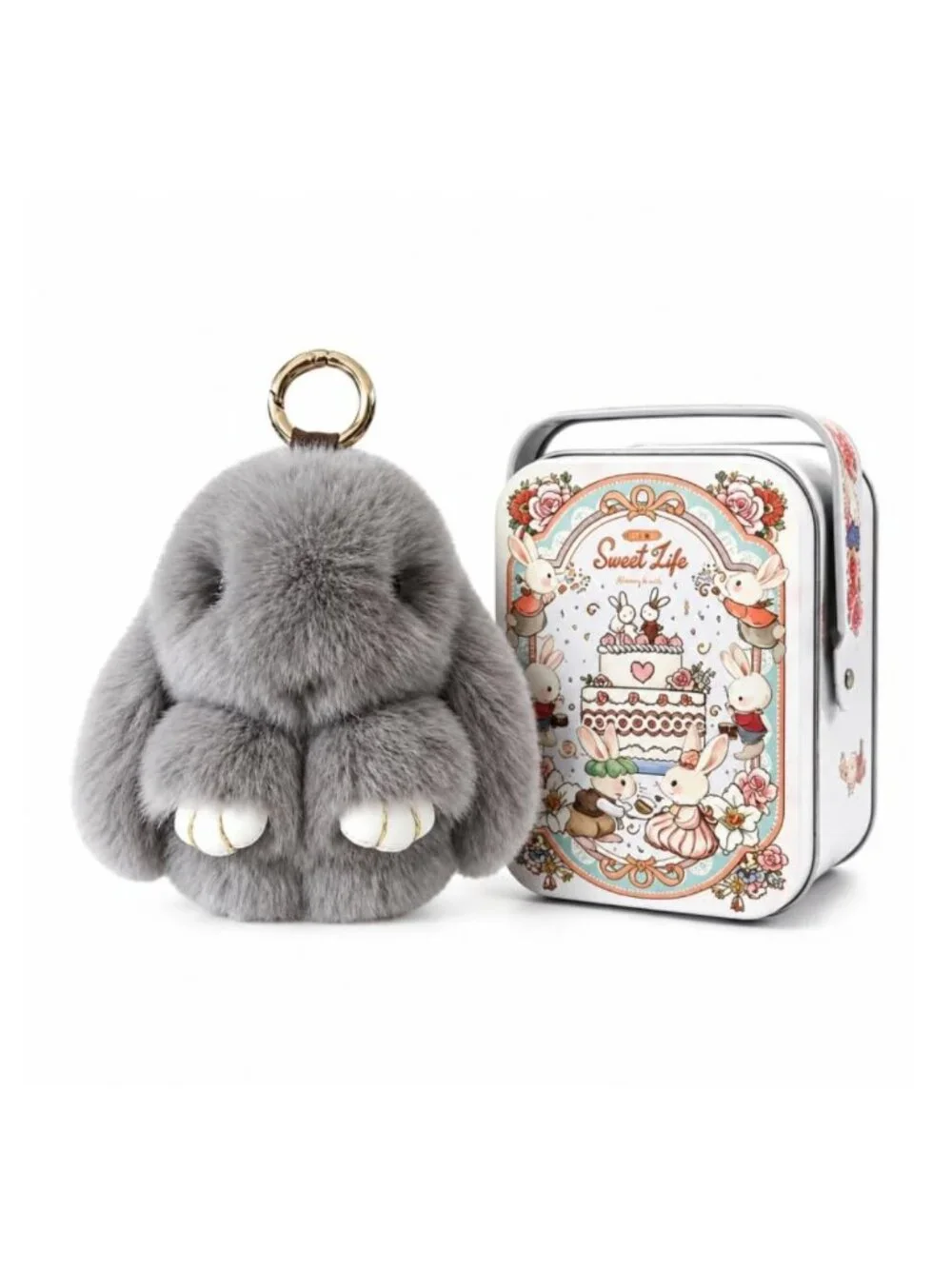 Fluffy Bunny Keychain Plush Stuffed Animal Charm Faux Fur for Keys Backpack